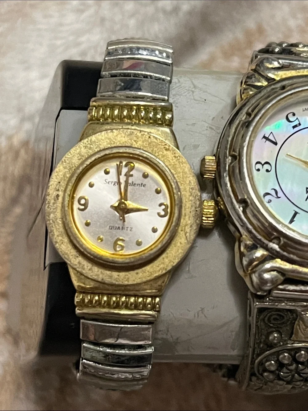 Gitano Silver-Tone Watch with Iridescent Blue-Green Abalone Dial